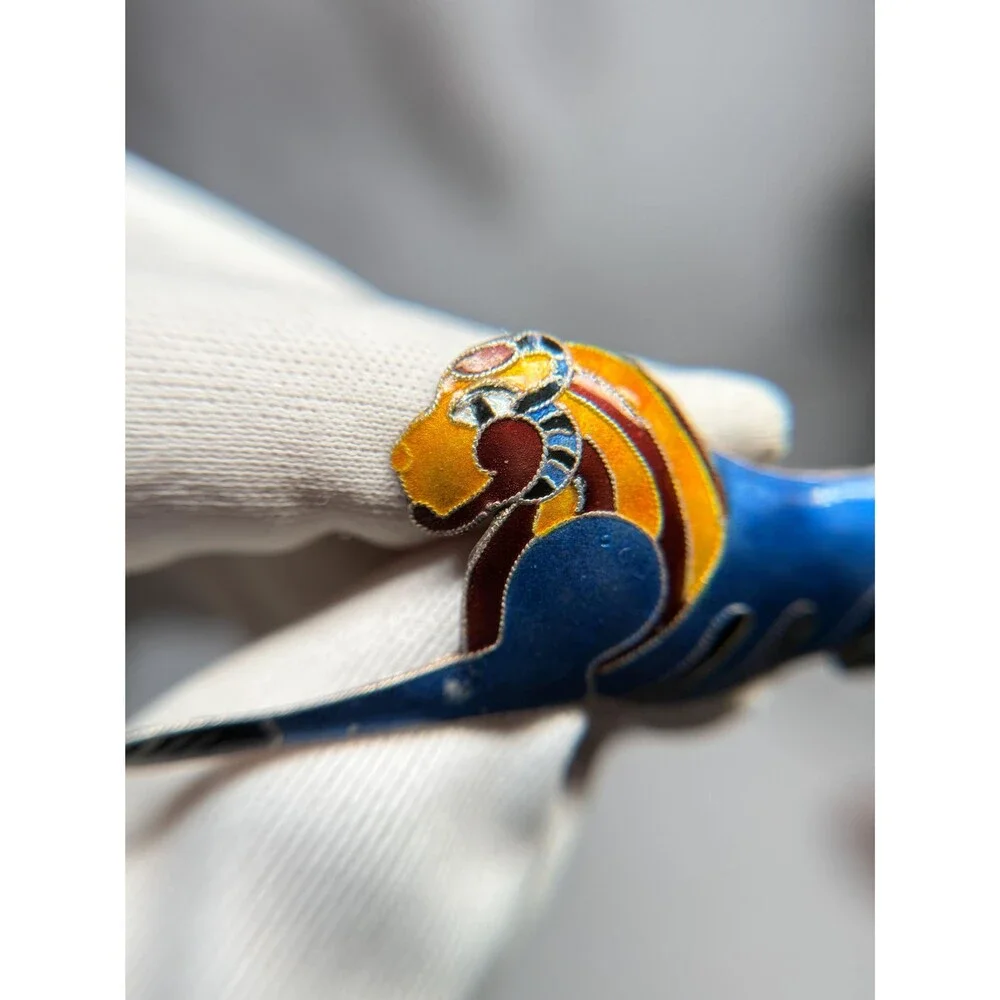 Vintage S925 Sterling Silver Cloisonne Enamel Lion Brooch Pin